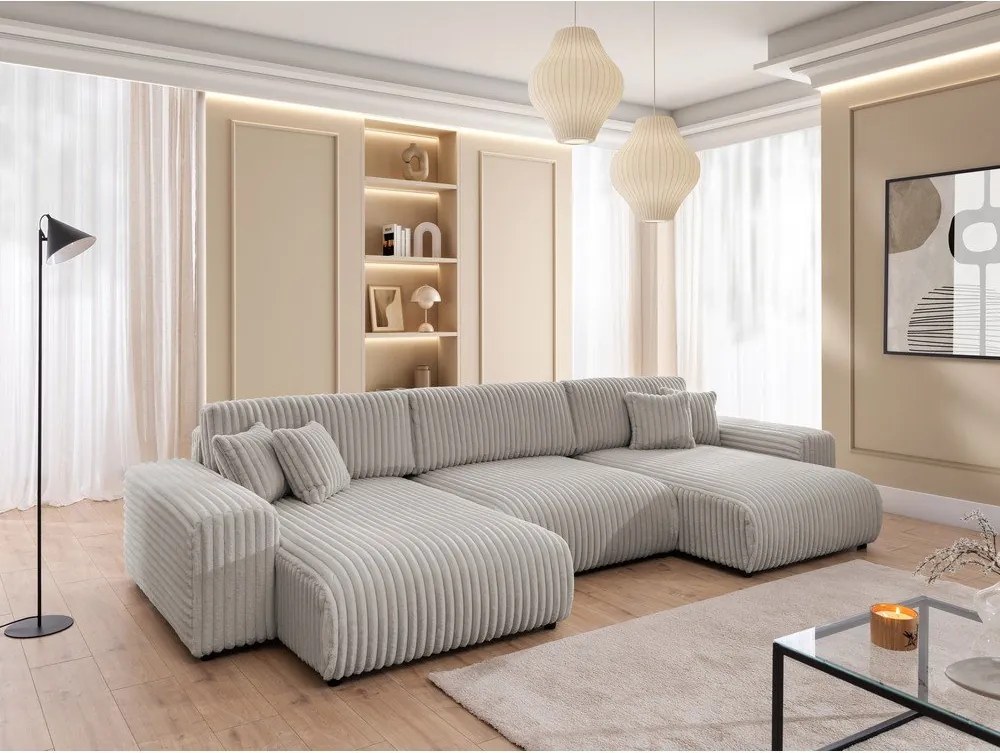 Divano angolare grigio chiaro allungabile/con contenitore (a U) rivestito in velluto a coste Sarina – Ropez