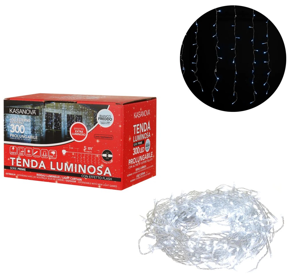 Tenda luci di Natale 300 LED estensibile bianco freddo