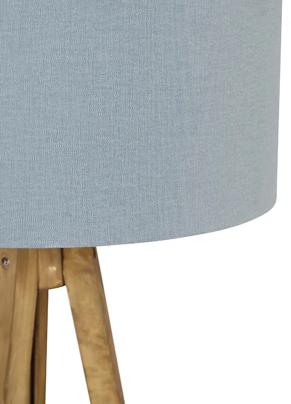 Lampada da terra a treppiede rustica in legno vintage con paralume azzurro 50 cm - Tripod Classic