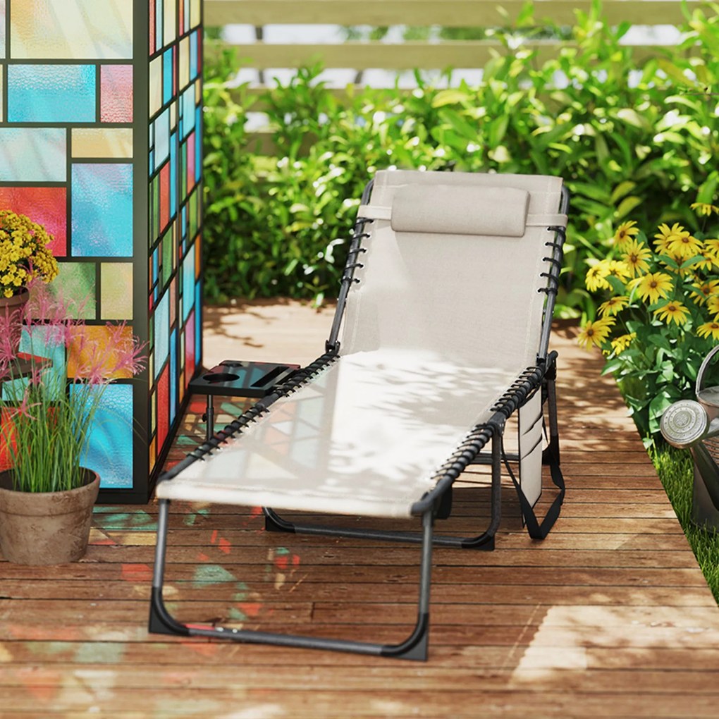 Sdraio da Giardino Pieghevole 60x190x31 cm Reclinabile a 5 Livelli con Tavolino Laterale e Tasca Crema...