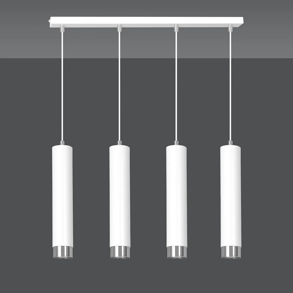 Lampadario 4 Luci Brunilde In Acciaio Bianco E Tubolari In Bianco E Cromo