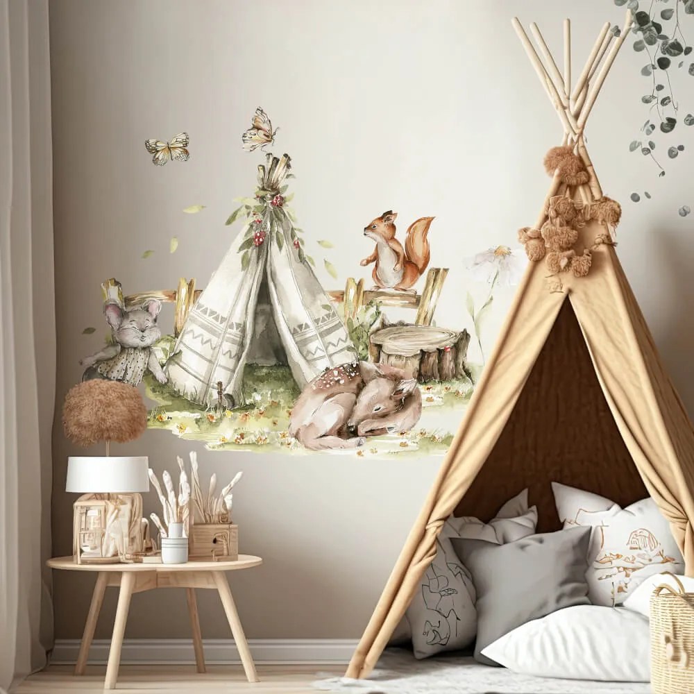 Adesivo murale Woodland - Tenda Teepee e animali della foresta | Inspio