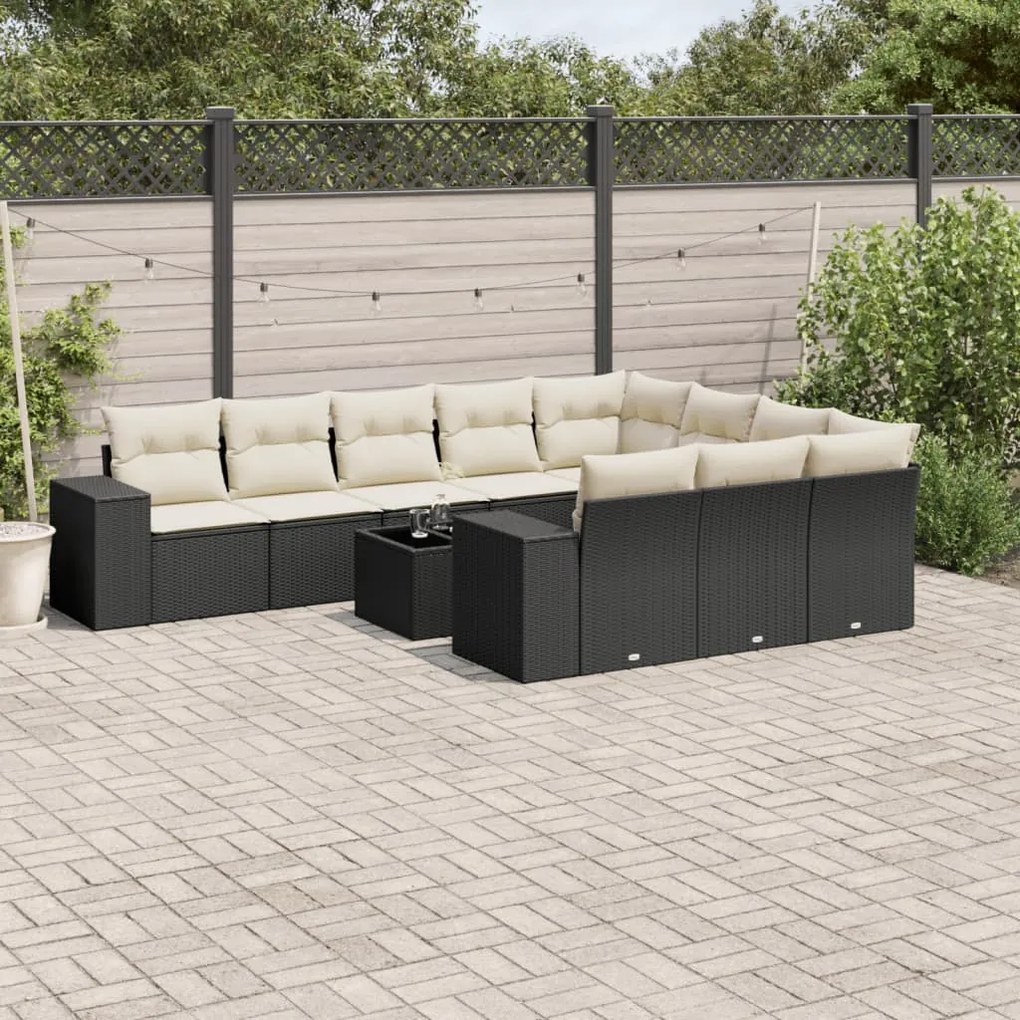 Set divani da giardino 11 pz con cuscini in polyrattan nero