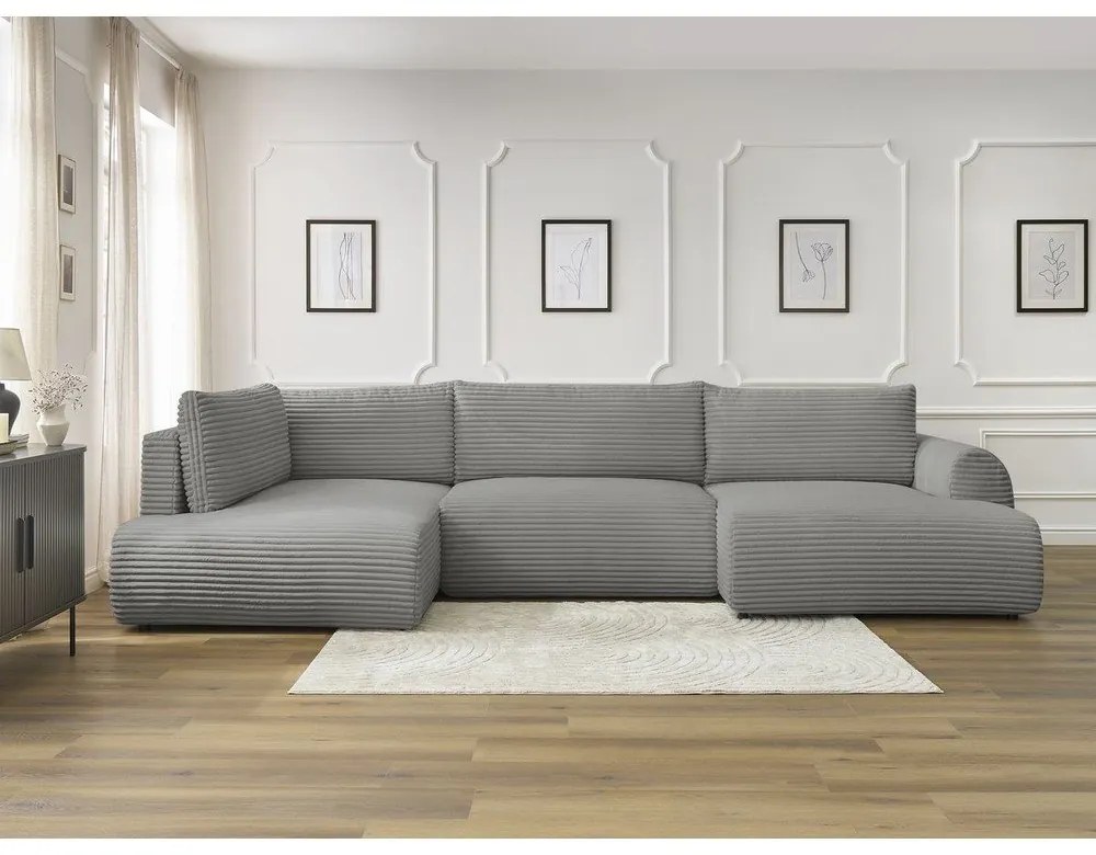 Divano angolare grigio scuro allungabile/con contenitore (con penisola a sinistra/a U) con rivestimento in velluto a coste Lucien – Bobochic Paris