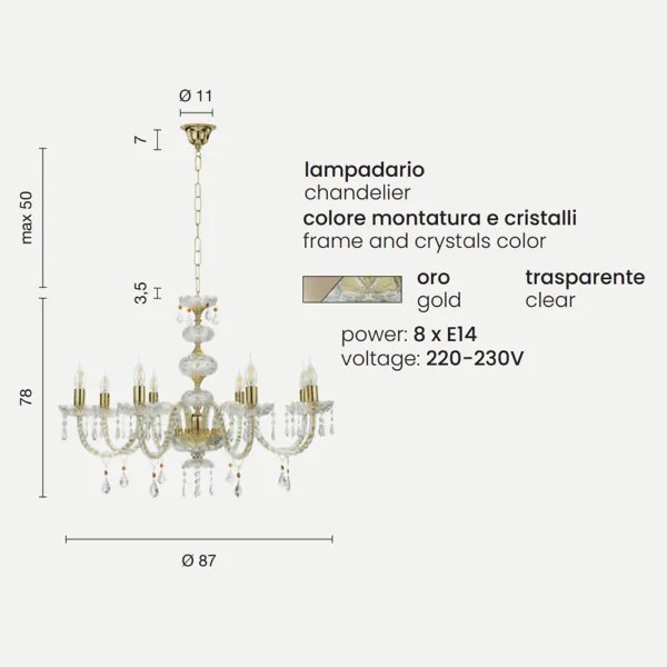 Lampadario sospeso DALLAS D87 cm in cristallo con finiture oro da 8 luci