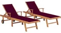 Lettini Prendisole 2 pz con Cuscino Rosso Vino in Legno di Teak 3073195