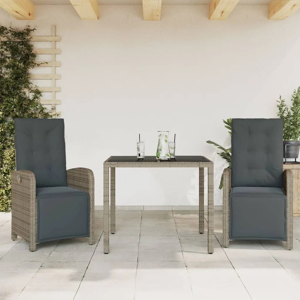 Set da bistrò 3 pz con cuscini grigio in polyrattan