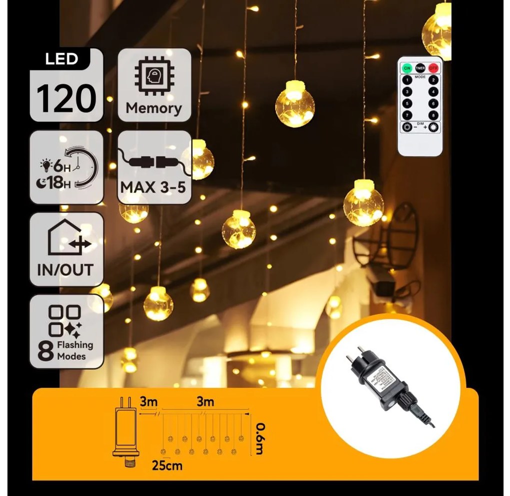 Aigostar - Catena luminosa LED da esterno natalizia 120xLED/6W/230V/8 funzioni 3x0,6m IP44 bianco caldo+telecomando