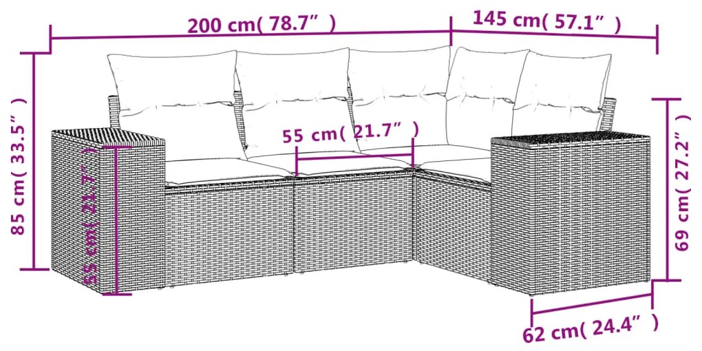 Set divano da giardino 4 pz con cuscini beige in polyrattan