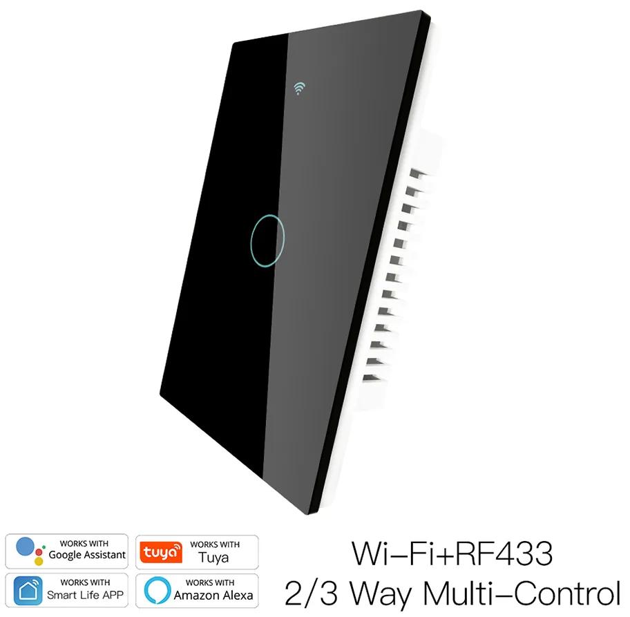 Interruttore Wifi Da Parete Pannello Touch 1 Tasto Colore Nero WiFi + RF 433 Compatibile con Amazon Alexa e Google Home