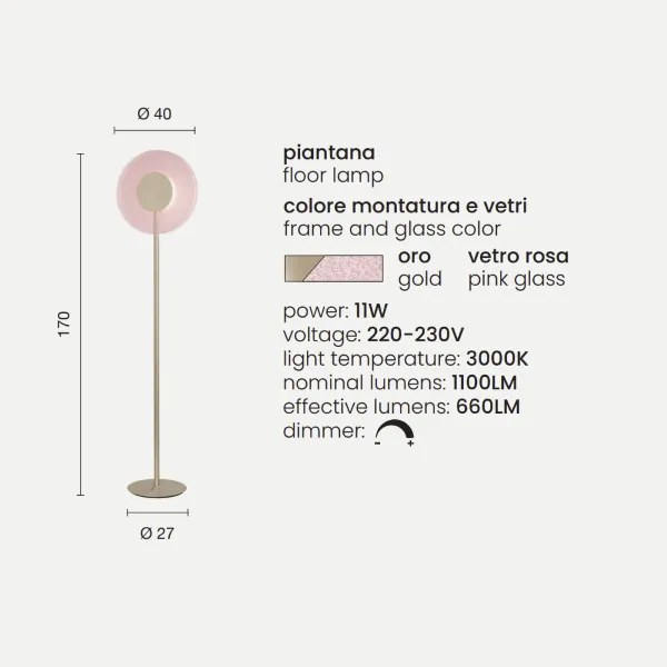 Piantana CANDY a LED in metallo Oro e vetro graniglia Rosa H170 cm
