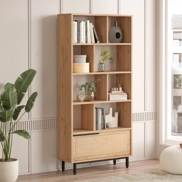 Libreria Moderna Con Vani A Giorno Ed Anta Frontale 84x30x175 Ocean Legno E Rafia