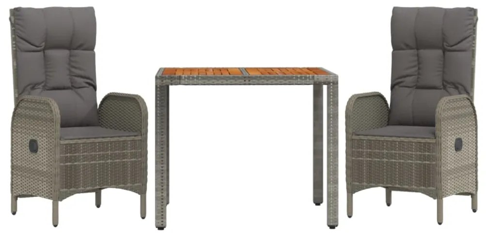 Set da pranzo da giardino 3 pz con cuscini in polyrattan grigio