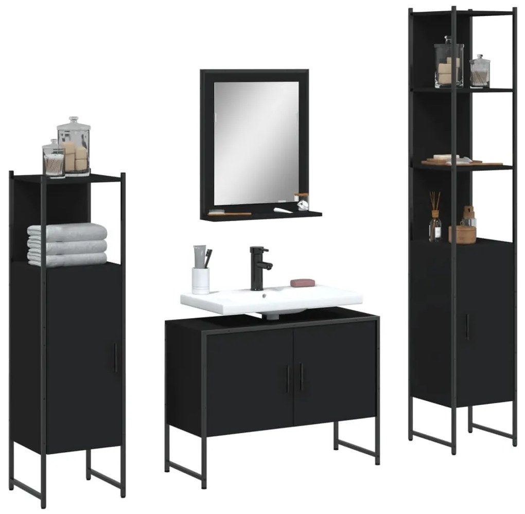 Set Mobili Da Bagno 4 Pz Nero İn Legno Multistrato /