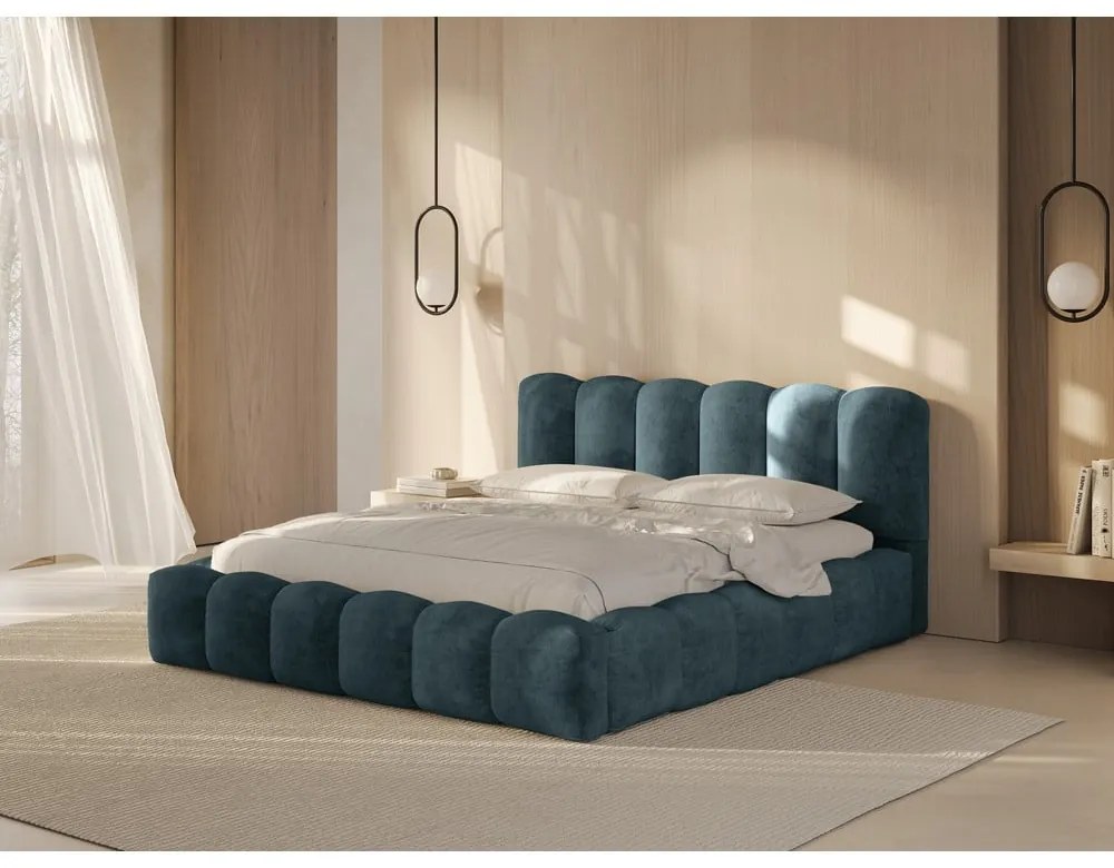 Letto matrimoniale imbottito blu con spazio contenitivo e rete 160x200 cm Lupine - Micadoni Home