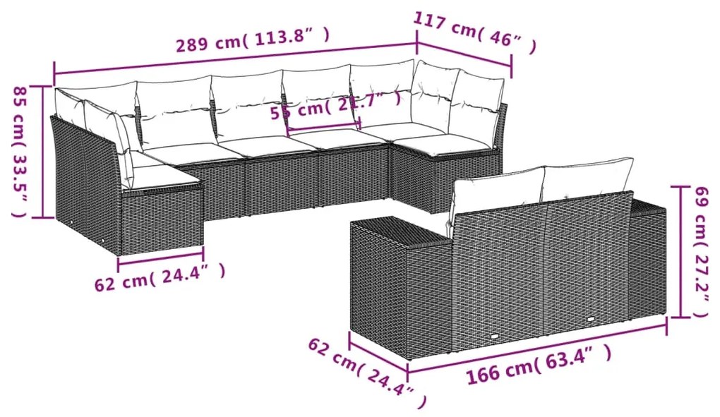 Set Divano da Giardino 9 pz con Cuscini Grigio in Polyrattan