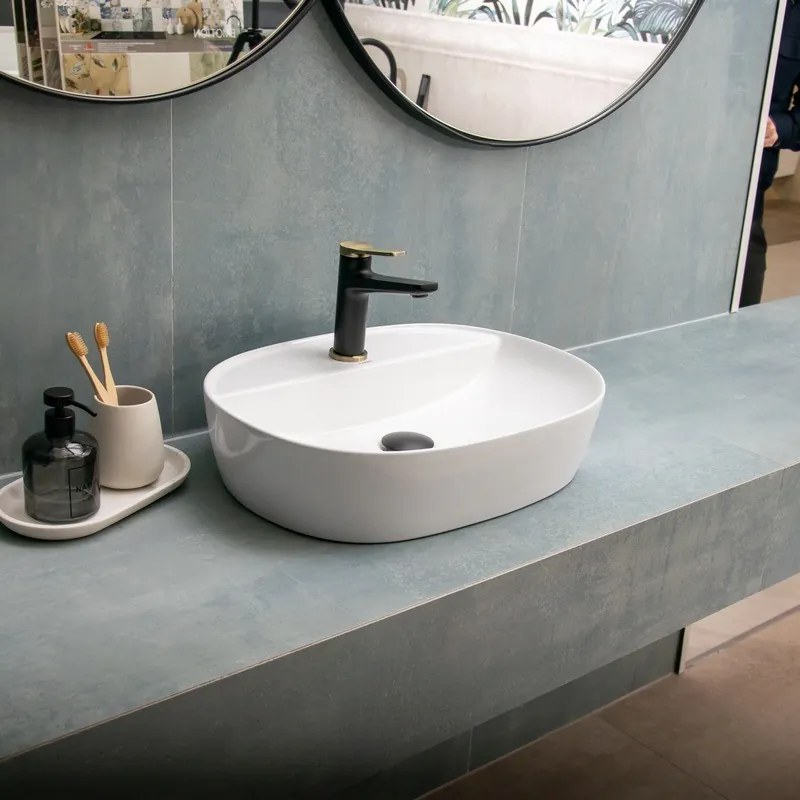 Lavabo bagno da appoggio design ovale 50.5 cm ceramica bianca | K-LITOS-505 - KAMALU
