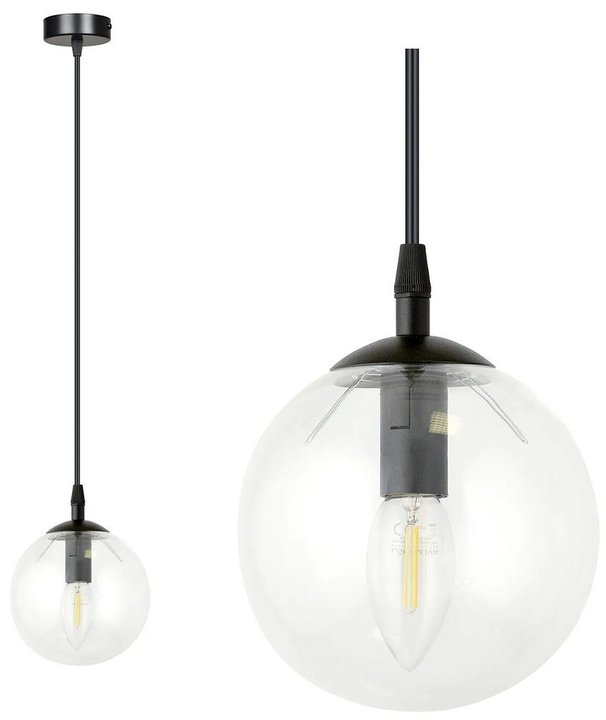 Sospensione Moderna 1 Luce Kali In Acciaio Nero E Sfera In Vetro Trasparente