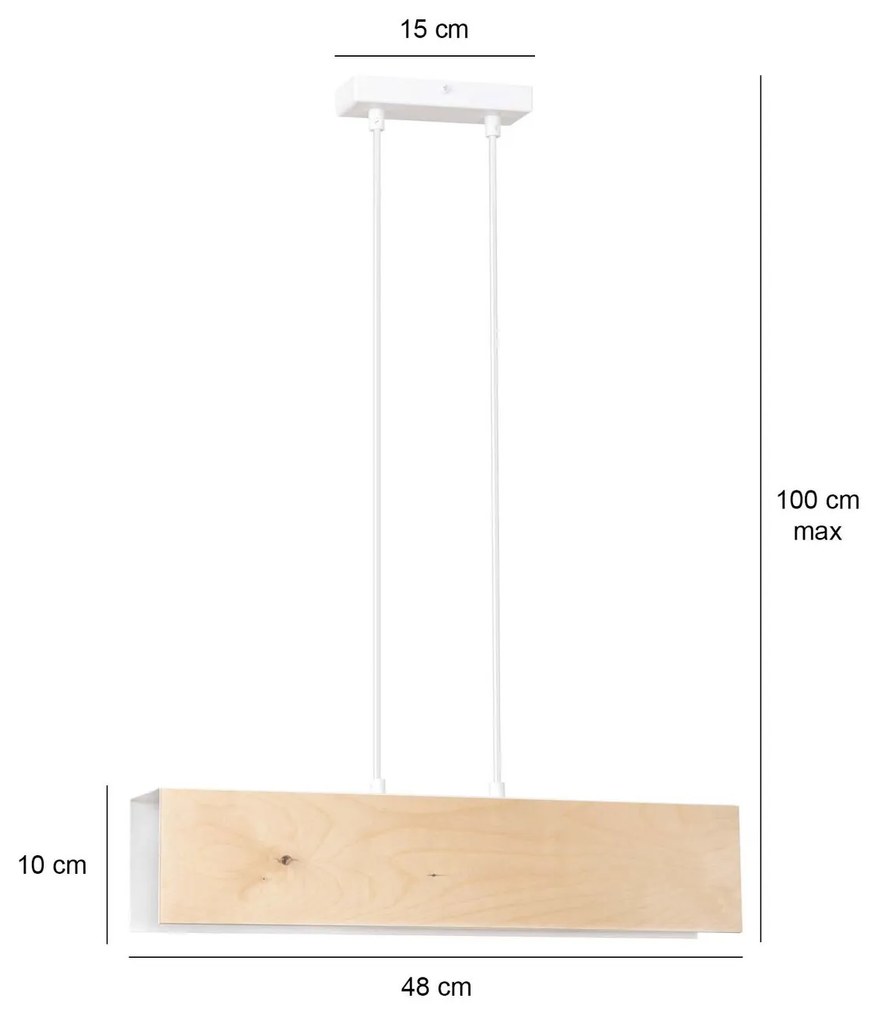 Lampadario 2 Luci Carlo In Acciaio Bianco Corpo Rettangolare E Legno Naturale