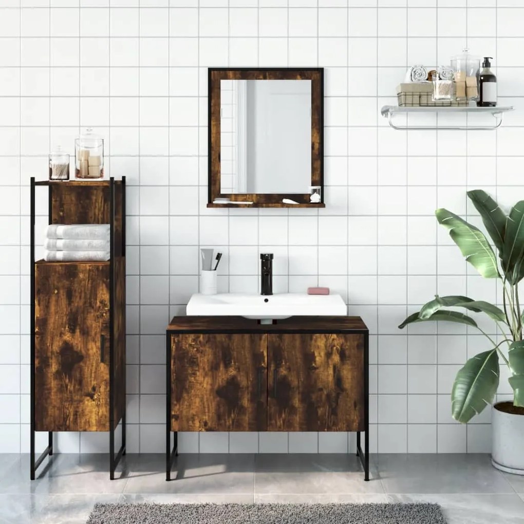 Set mobili da bagno 3 pz rovere fumo in legno multistrato