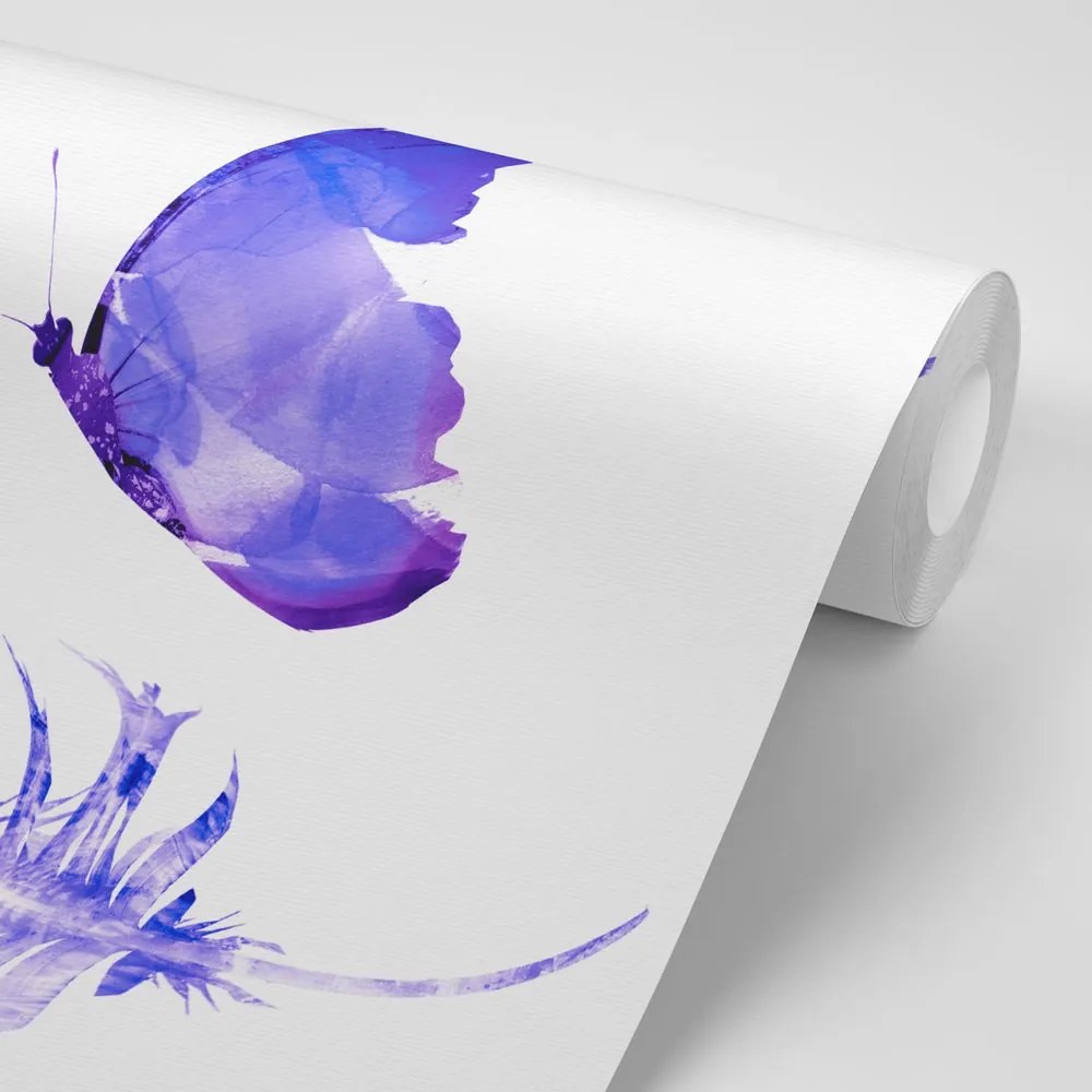 Carta da parati – Piuma con farfalla in stile viola
