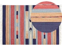 Tappeto Kilim multicolore in cotone 140 x 200 cm tessuto a mano a trama piatta reversibile con motivi geometrici e frange, tradizionale Boho, per il soggiorno e la camera da letto.