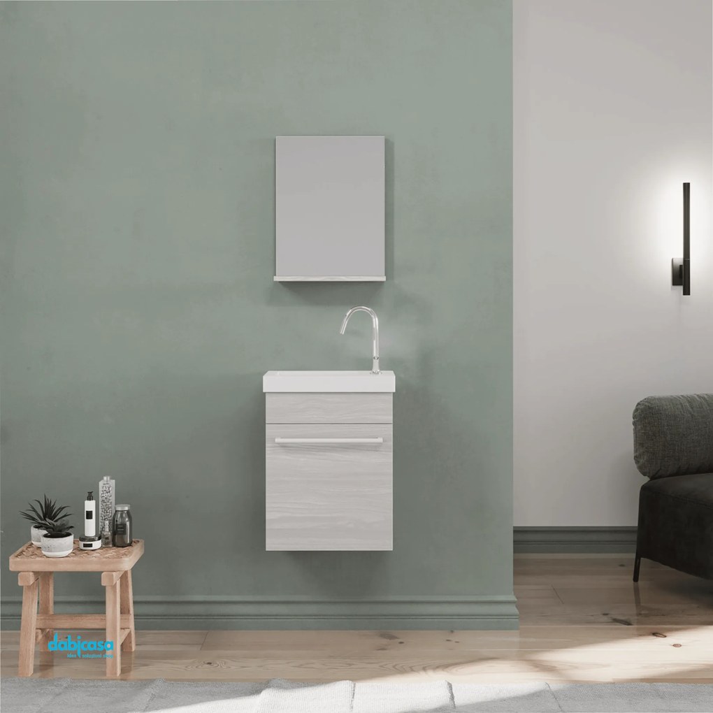 Mobile Bagno Sospeso "Perla" Da 40 Cm Composto Da Un'Anta Lavabo E Specchio Con Mensola Finitura Rovere Grigio