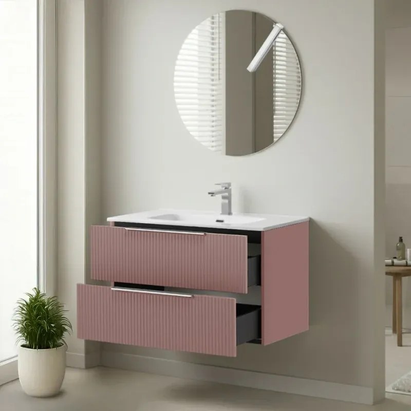 Mobile bagno sospeso 80 cm rosa cannettato con lavabo e specchio tondo Zena