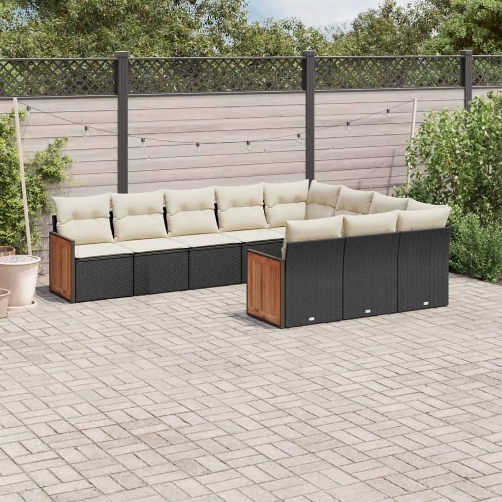 Set divani da giardino 10pz con cuscini in polyrattan nero