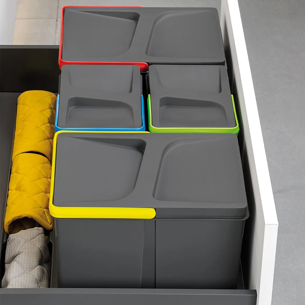 Base 3 Posti per Pattumiera Differenziata per Cassetti Cucina 80 cm in Plastica Emuca Grigio...