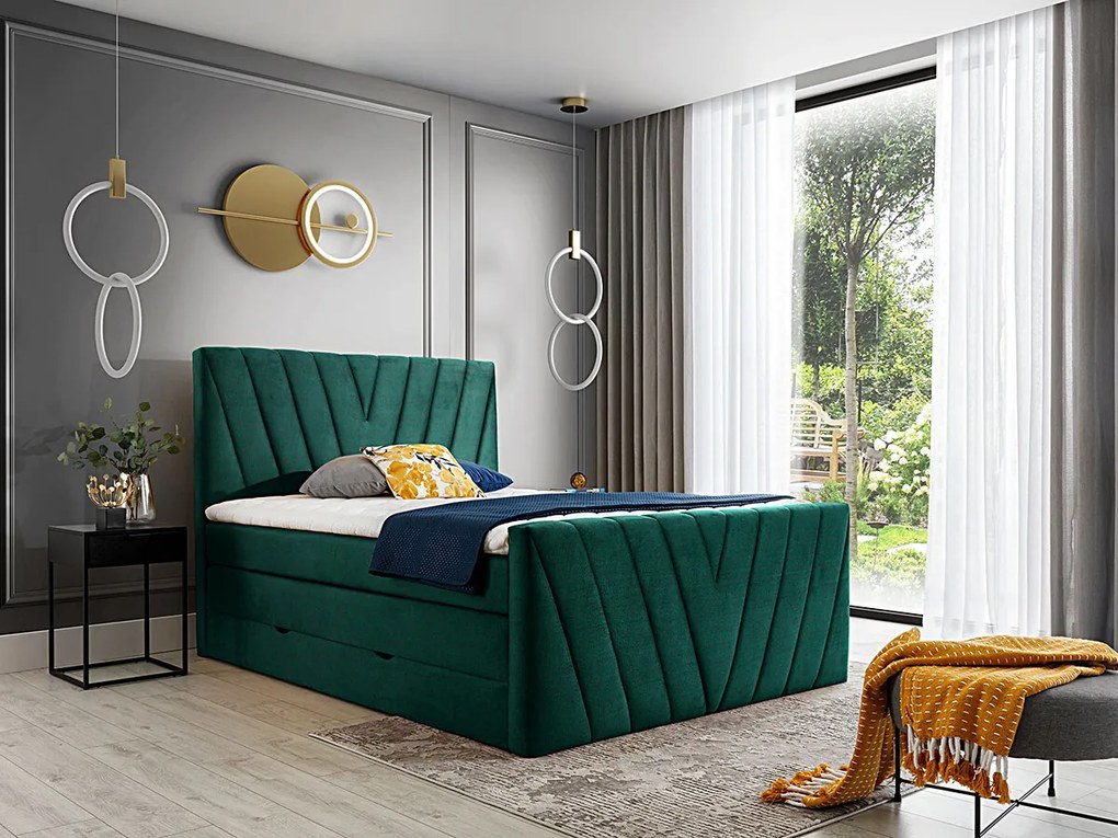 Letto matrimoniale boxspring Dusseldorf - 160 x 200 cm , Tessuto verde