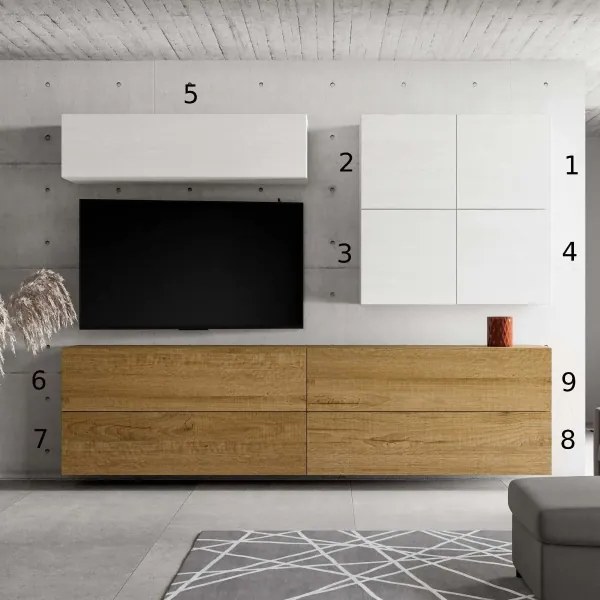 Parete attrezzata in legno sospesa moderna L.308xP.39,5 bianco e quercia A103
