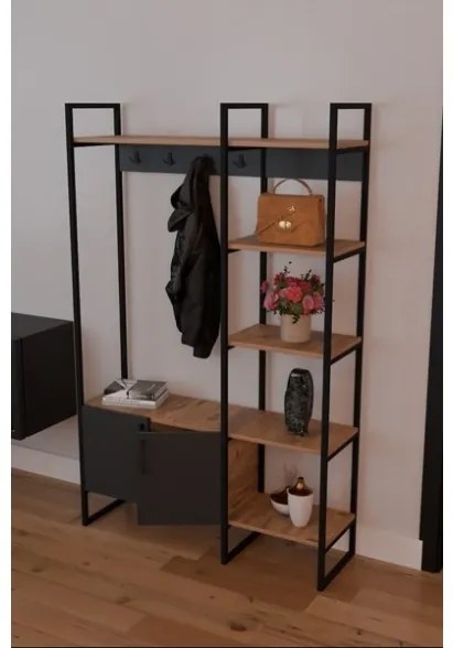 Mobile Ingresso Industrial 120x34x180 Con Scarpiera Appendiabiti E Ripiani Yago Antracite E Rovere