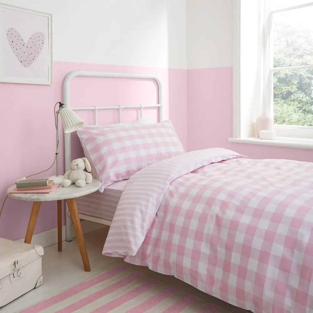 Biancheria da letto in cotone rosa, 135 x 200 cm Check and Stripe - Bianca