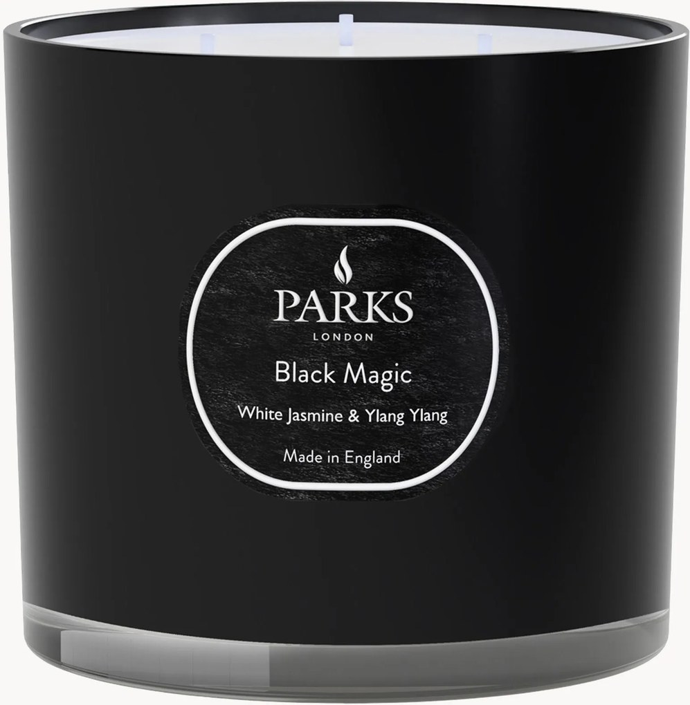 Candela profumata fatta a mano a tre stoppini Black Magic (gelsomino bianco, Ylang Ylang e legno di sandalo)