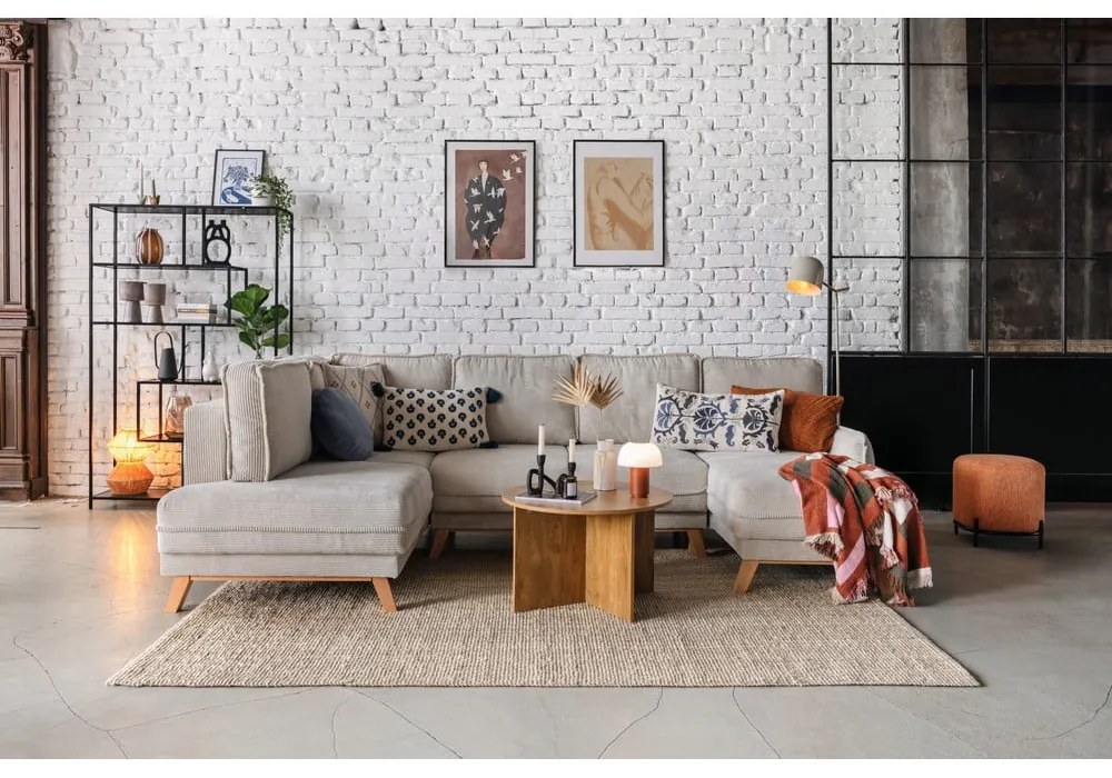 Divano angolare beige allungabile (con penisola a destra/a forma di "U") con rivestimento in velluto a coste Tori – Bonami Selection