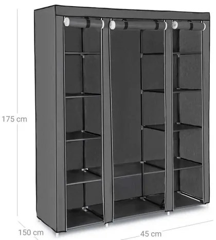 Armadio in tessuto con ripiani e barra appendiabiti MATIS 150x175 cm grigio