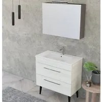 Composizione bagno sospesa Smack a 2 cassetti 80x62 con lavabo, specchio con lampada LED olmo bianco