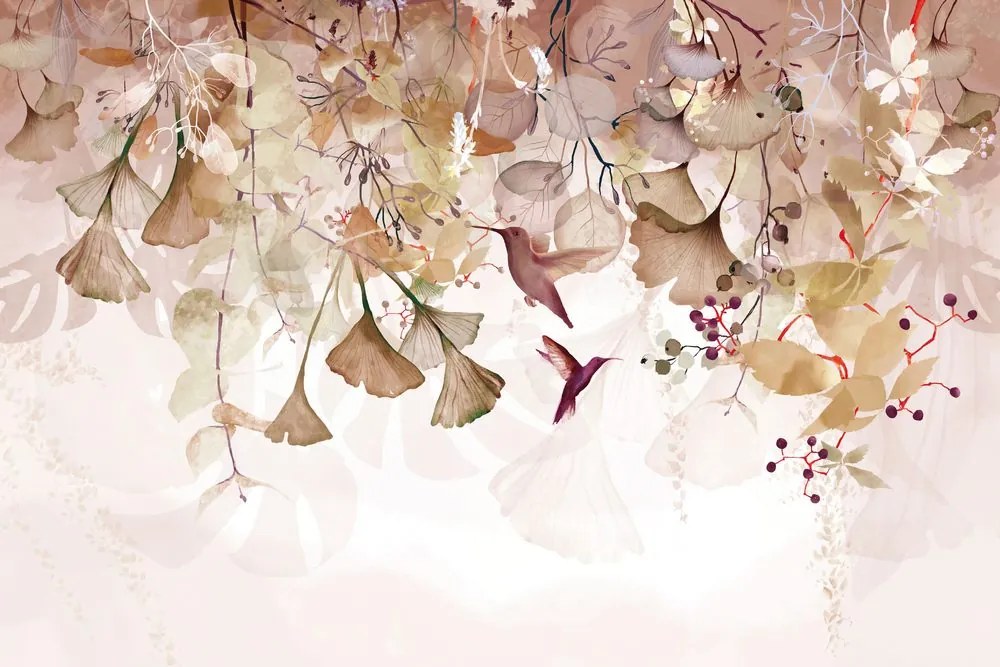 Carta da parati – Foglie con Colibrì in Marrone-Rosa