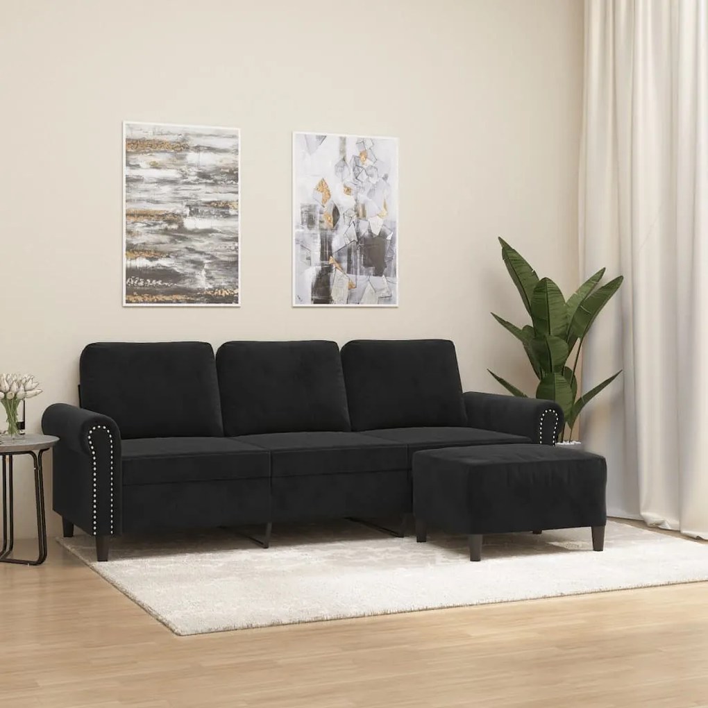 Divano A 3 Posti Con Poggiapiedi Nero 180 Cm İn Velluto /