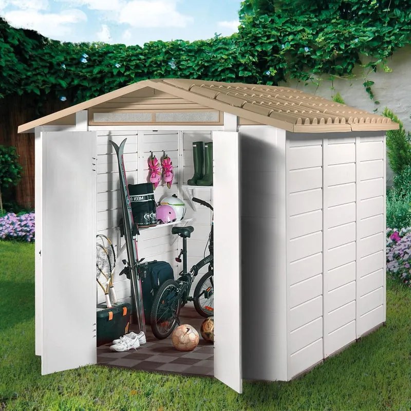 Casetta da giardino GAROFALO in pvc Tuscany beige con porta doppio battente, superficie interna 6 m² e spessore parete 20 mm