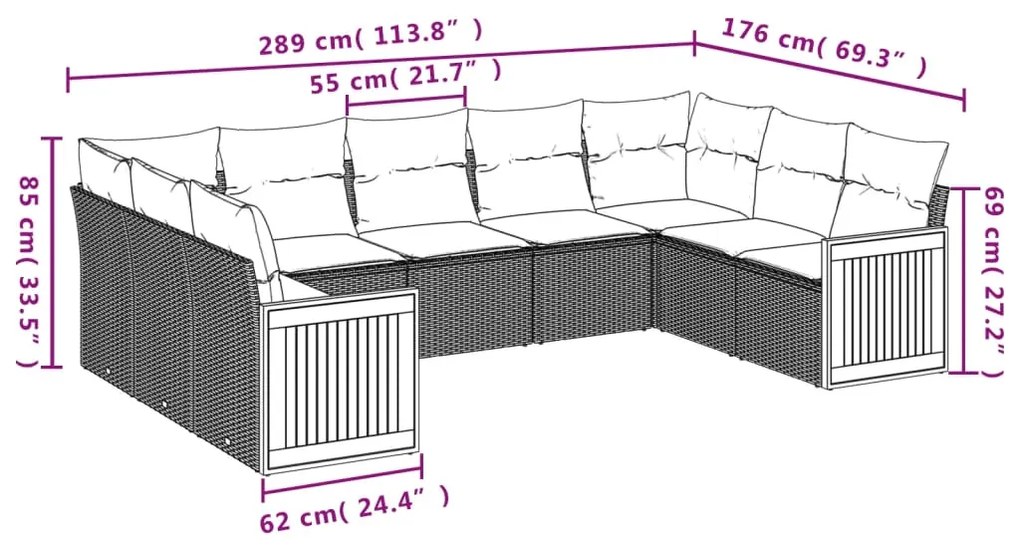 Set divani da giardino 9 pz con cuscini nero in polyrattan