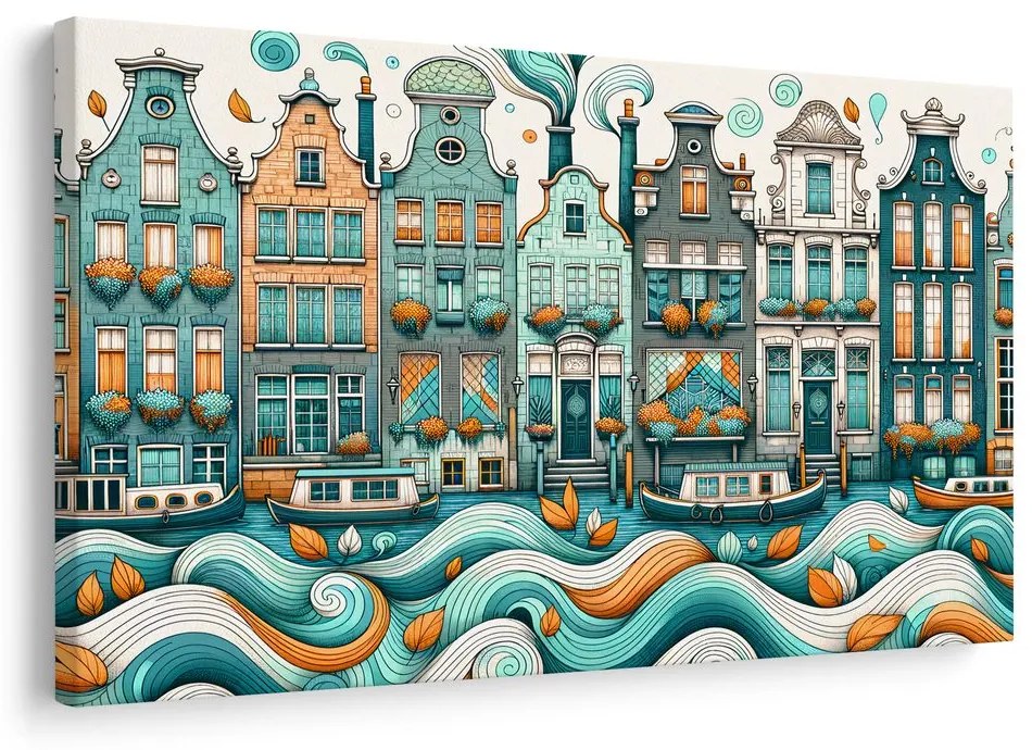 Quadro su tela – Case colorate lungo un canale ondulato