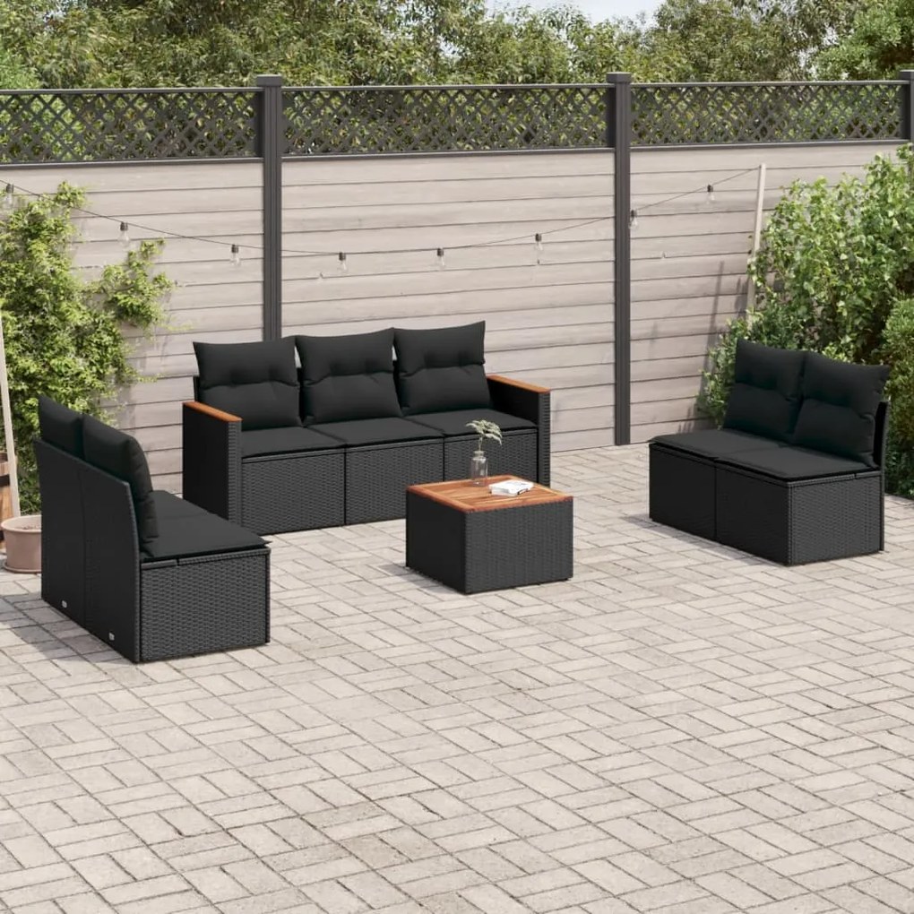 Set divani da giardino con cuscini 8 pz nero in polyrattan