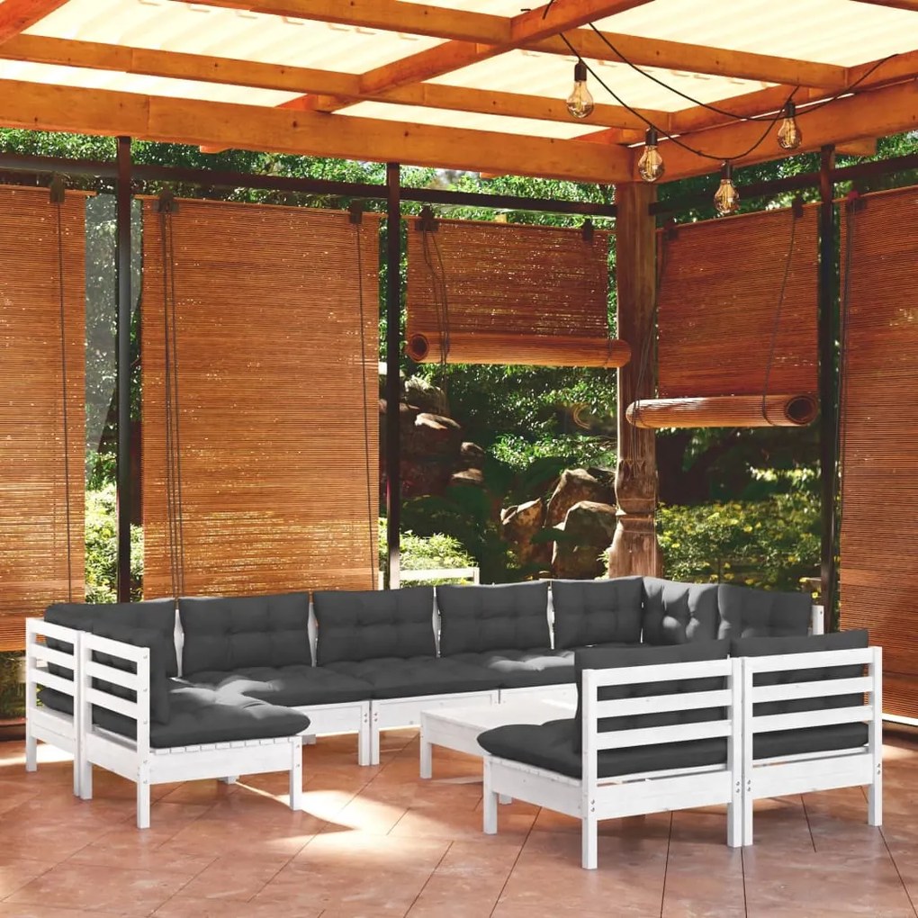 Set Divani da Giardino 10 pz con Cuscini Bianchi Legno di Pino