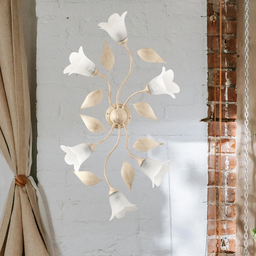 Plafoniera 6 Luci Olga Avorio Oro Ferro Battuto Vetro BeLight