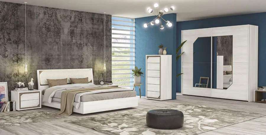 Camera da letto completa, finitura Olmo Bianco e ecopelle con dettagli Visone