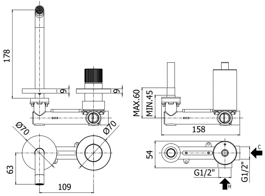 Paffoni Jo Jo106no70 Miscelatore lavabo Incasso 2 Fori 2 Piastre Bocca Mm 248 Nero Opaco