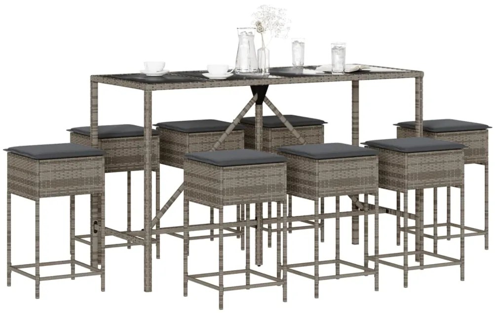 Set bar da giardino 9 pz con cuscini in polyrattan grigio