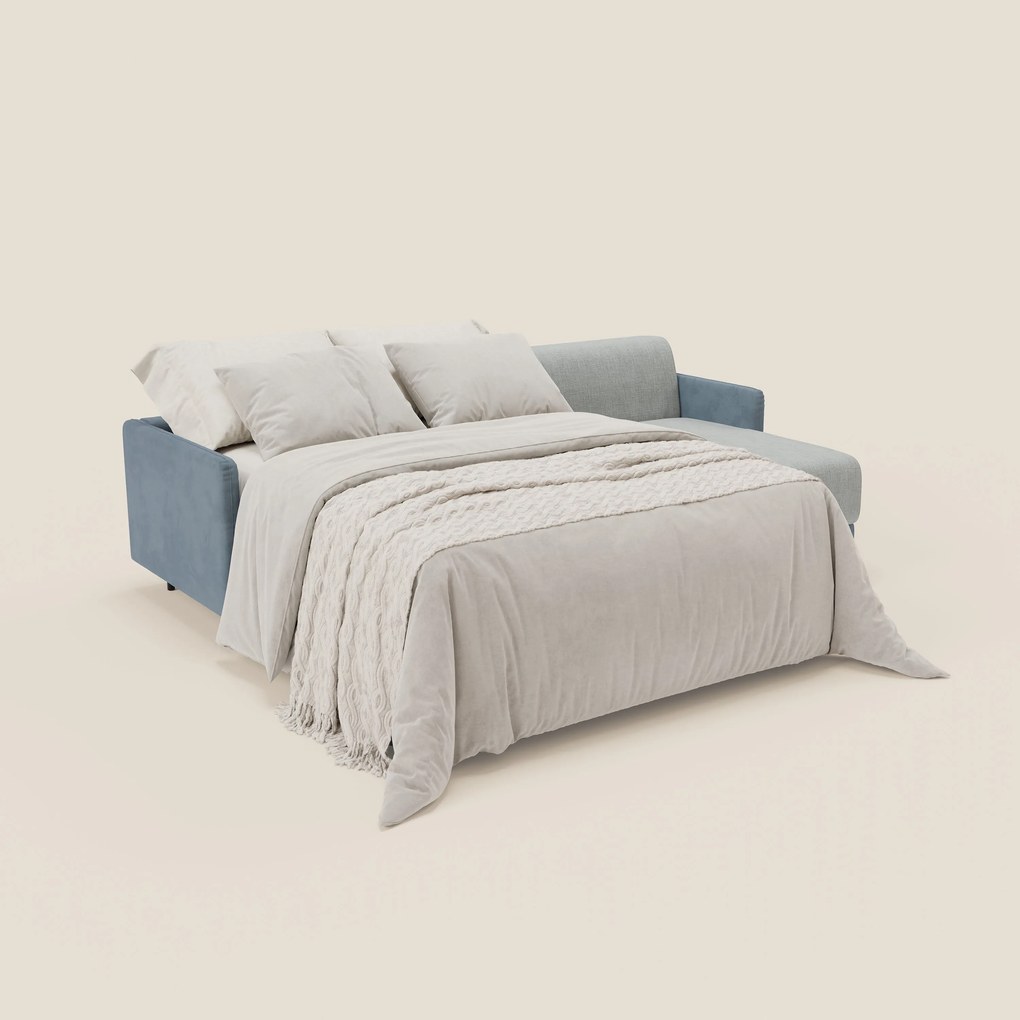 Narciso divano letto angolare con materasso alto 18 cm e penisola contenitore in tessuto bicolore impermeabile T11 e T06 carta da zucchero - ghiaccio